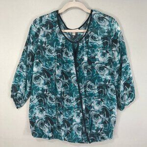 Roz & Ali Top Women's XL Green Black Floral Blouse Tank Shirt Sheer Round Lined